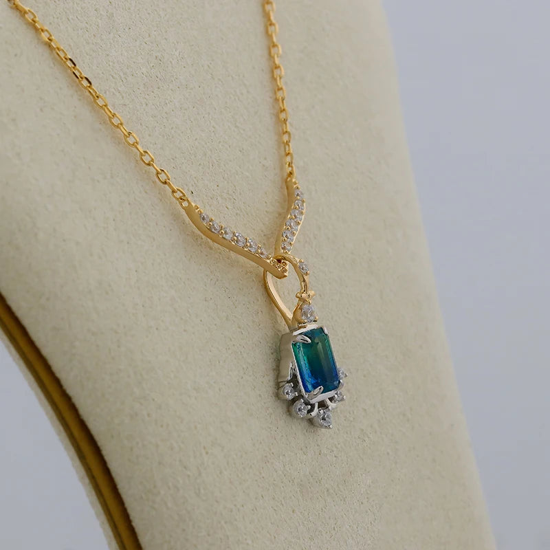 14K Gold Plated Necklace with Dual Tone Elegant Green & Blue Quartz Sparkling White Zircon Japanese Light Luxury Jewelry