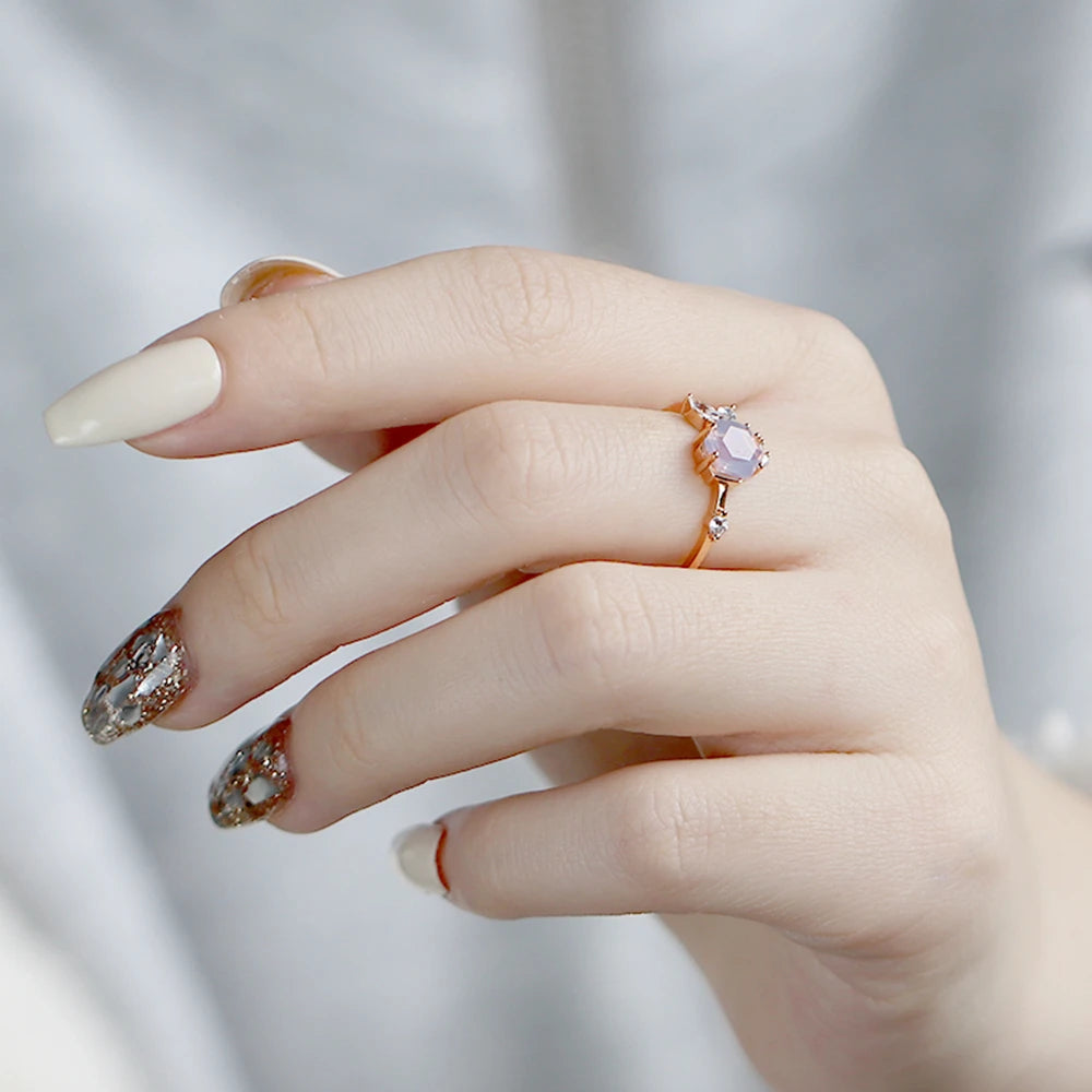 Emotional Factory 925 Sterling Silver 14K Gold Plated Gemstone Series Zircon Spar Lavender Crystal Fish Chasing Bubble Ring