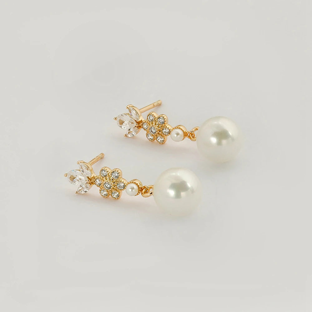 Emotional Factory 925 Sterling Silver 14K Gold Plated Gem Stone Gemstone Cz Zircon Flower Pearl Earrings
