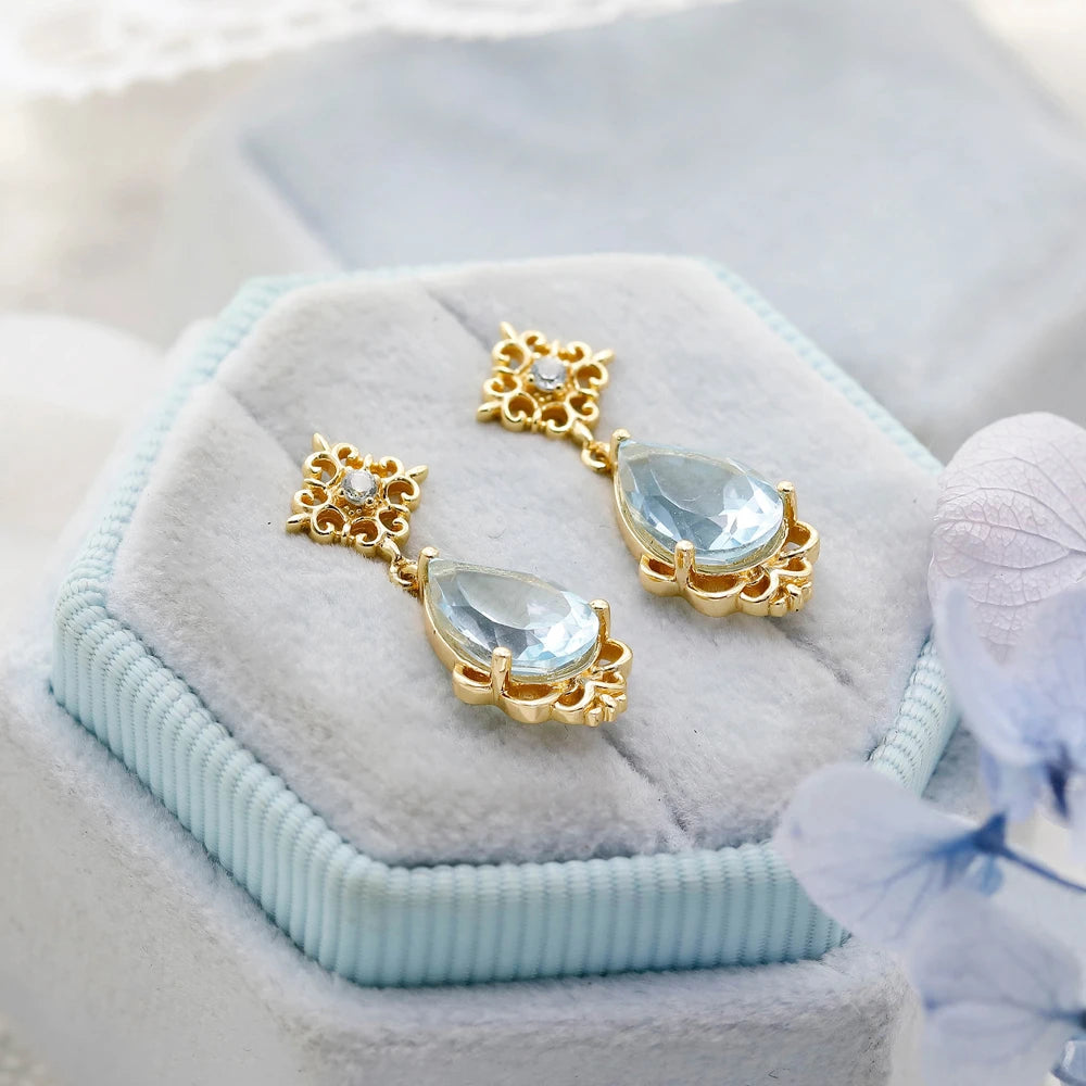 925 Sterling Silver 14K Gold Plated Gemstone French Vintage Court Style Drop Sky Blue Topaz Earrings
