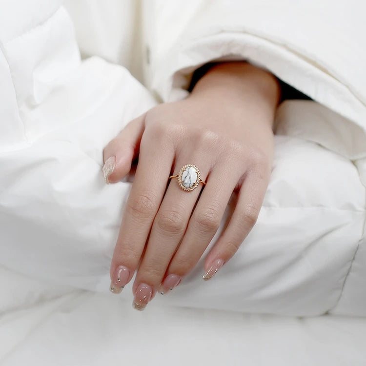 Emotional Bague De Mariage Factory 925 Sterling Silver 14K Gold Plated Gemstone Advanced White Turquoise Rings Bead Ring