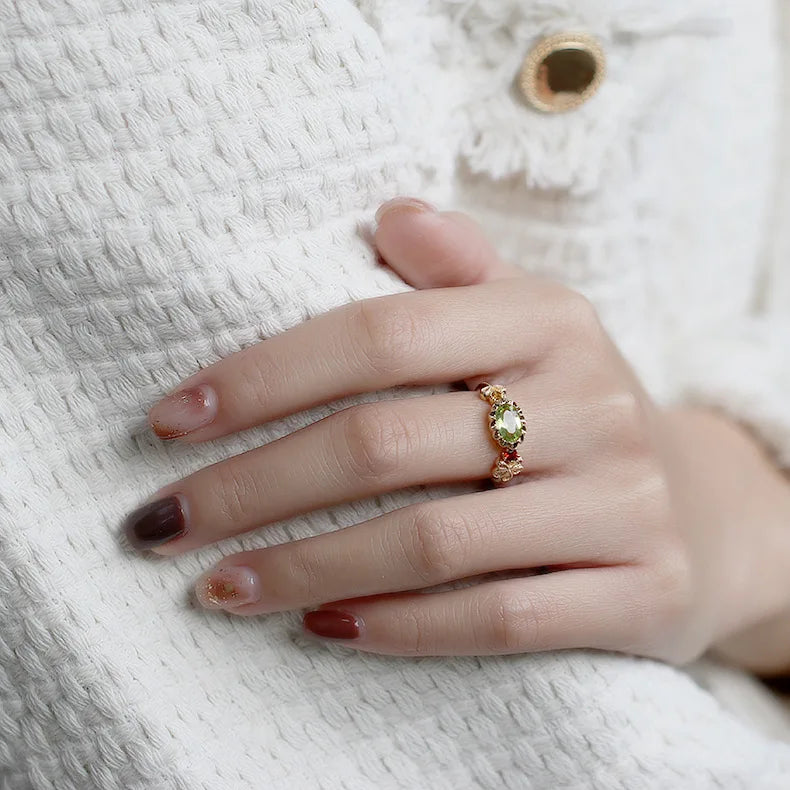 Emotional Factory 925 Sterling Silver 14K Plated Gemstone Gold Tourmaline Green Peridot Flower Prehnite Ring
