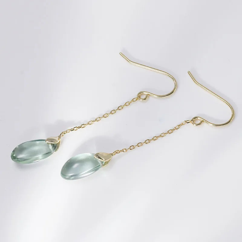 Emotional Factory 925 Sterling Silver 14K Gold Plated Gemstone Drop Green Quartzite Long Strip  Earrings