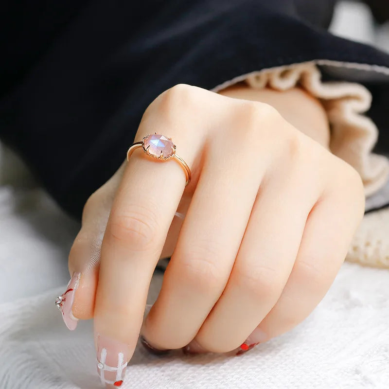 Emotional 925 Sterling Silver 14K Gold Plated Gem Stone Gemstone Ceramic Pattern Natural Labradorite Strawberry Crystal  Ring