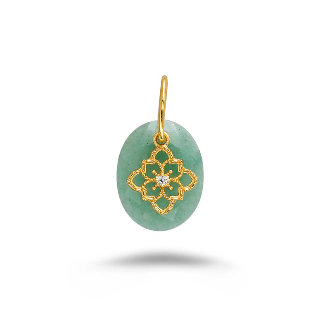 925 Sterling Silver 14K Gold Plated Gem Stone Gemstone Geometric Egg Shape Natural Aventurine Window Flower Double Pendant