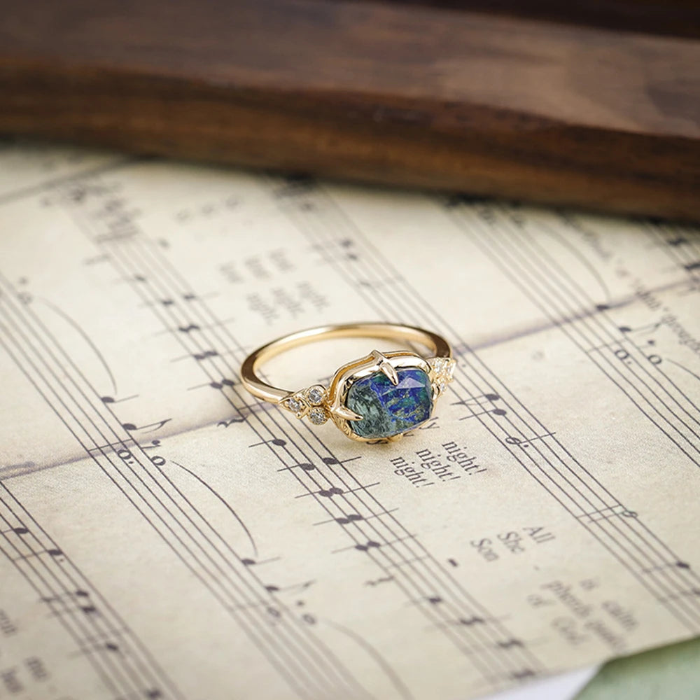 Emotional Factory 925 Sterling Silver 14K Gold Plated Gem Stone Gemstone Cz Zircon Vintage British Style Chrysocolla Ring