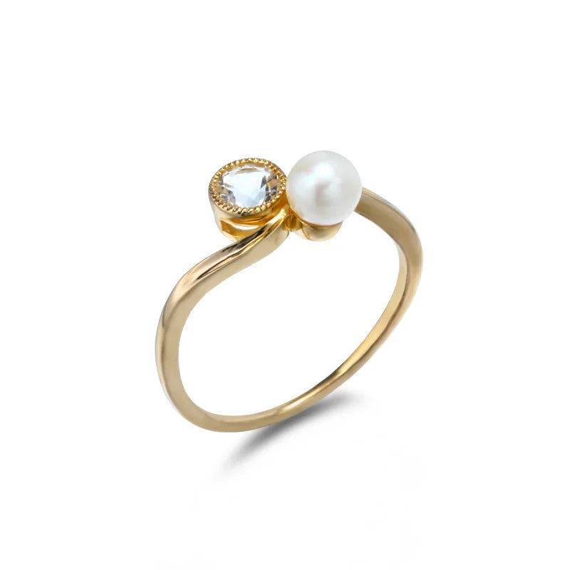 Emotional Factory 925 Sterling Silver 14K Gold Plated Gemstone Curve Vintage  Topaz Natural Pearl Ring