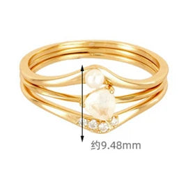 925 Sterling Silver 14K Gold Plated Gemstone Zircon White Crystal Natural Freshwater Pearls Three Piece Ring