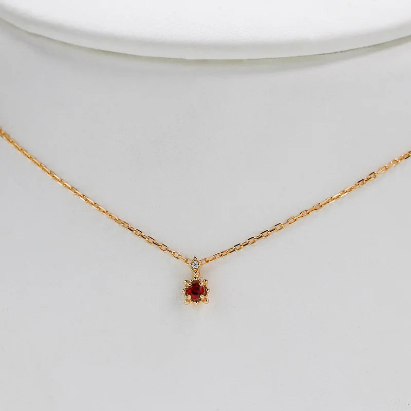 Emotional Factory 925 Sterling Silver 14K Gold Plated Gem Stone Gemstone Simplicity Single Round Stone Lab-Grown Ruby Necklace