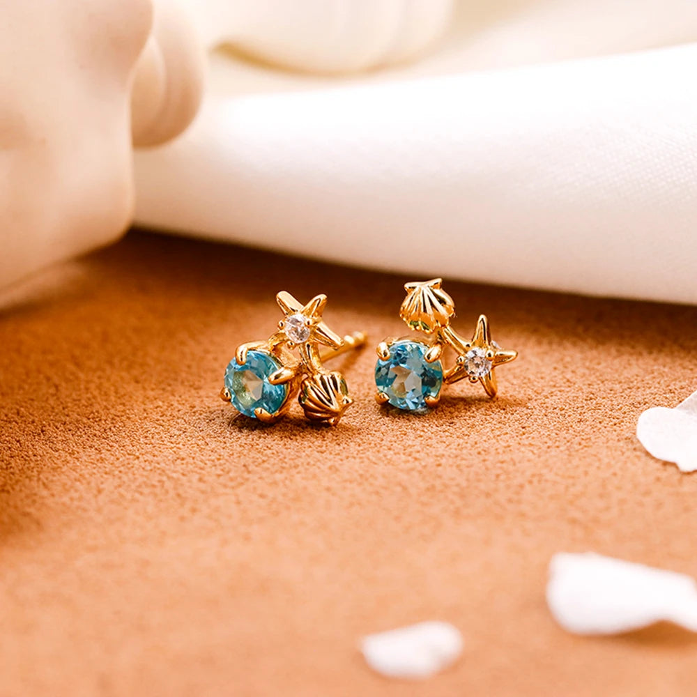 Emotional Factory 925 Sterling Silver 14K Gold Plated Gemstone Summer Star Shell Apatite Stud Earrings