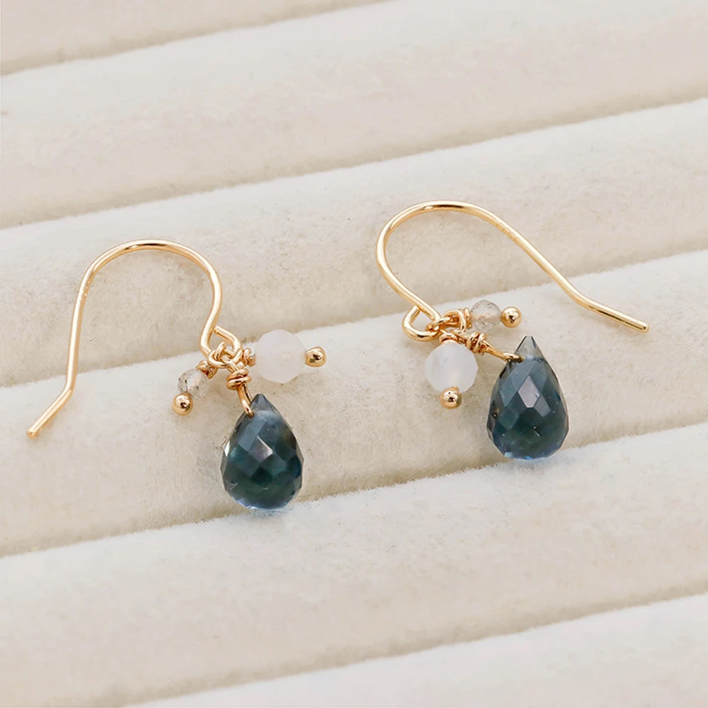 925 Sterling Silver 14K Gold Plated Gemstone Cz Zircon Teardrop Blue Quartz Stone Earrings