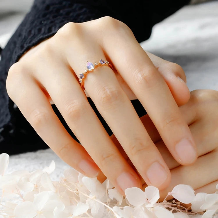 Emotional Factory 925 Sterling Silver 14K Gold Plated Gemstone Drop Tanzanite Zircon Stone Moonstone Ring