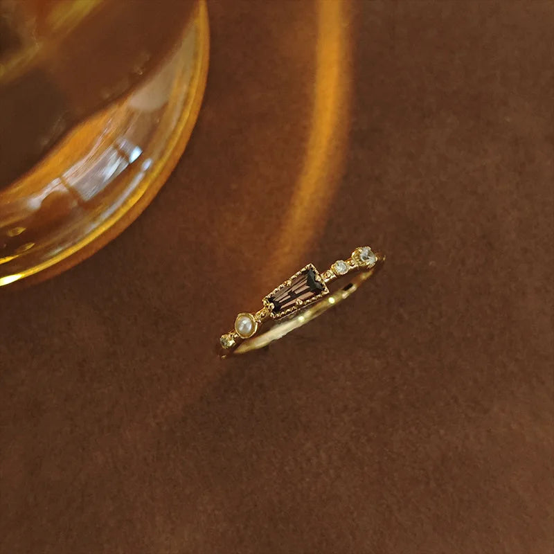 Factory 925 Sterling Silver 14K Gold Plated Gemstone Cz Geometric Trapezoid Natural Freshwater Pearls Brown Zircon Ring