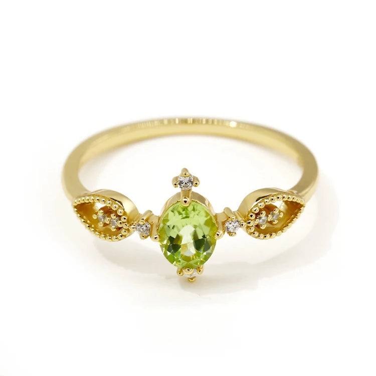 925 Sterling Silver 14K Gold Plated Gemstone Oval Bead Green Peridot Ring
