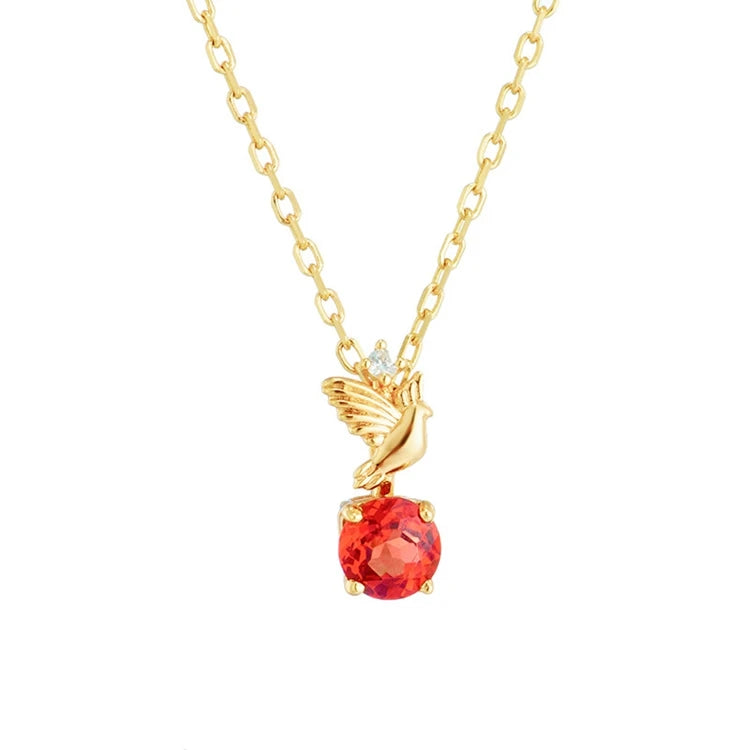 Emotional Factory 925 Sterling Silver 14K Gold Plated Gemstones Zircon Little Bird Natural Red Garnet Pendant Necklace