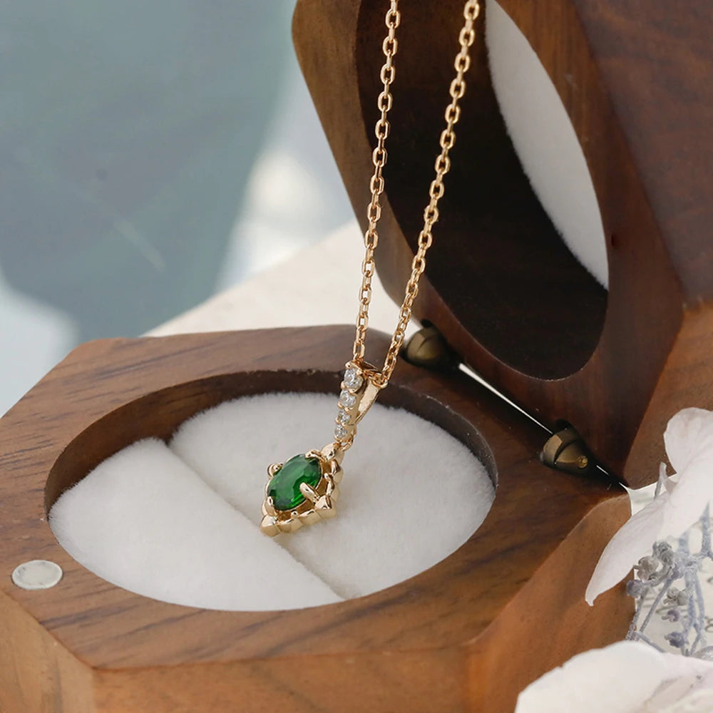 925 Sterling Silver 14K Gold Plated Gemstone Hollow Geometric Square Retro Cz Zircon Diopside Necklace