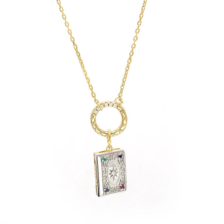 925 Sterling Silver 14K Gold Plated Gemstone Magic Book Natural Ruby Sapphire Emerald Lockets Pendant Necklace