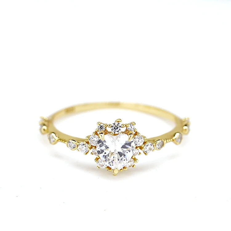 925 Sterling Silver 14K Gold Plated Gemstone Romantic Heart Shape Moissanite Engagement Proposal Ring