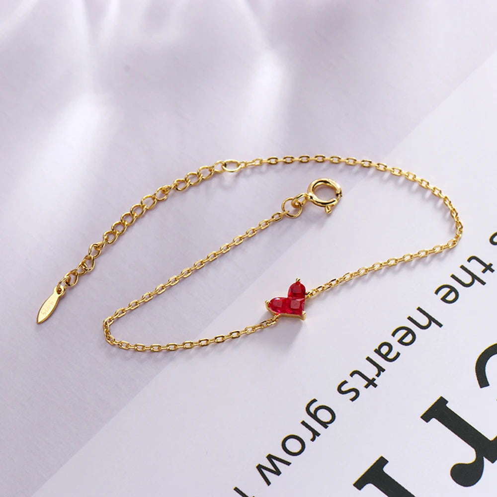 Emotional Factory 925 Sterling Silver 14K Gold Plated Gemstone Series Red Corundum Zircon Peach Heart Bracelet