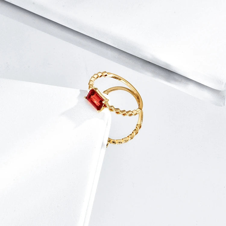 Emotional Factory 925 Sterling Silver 14K Gold Plated Gemstone Bezel Car Flower Natural Red Garnet  Ring