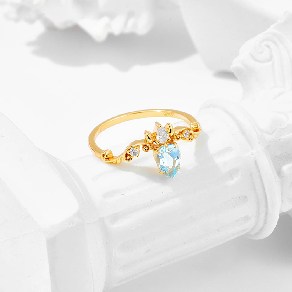 925 Sterling Silver 14K Gold Plated Gemstone Retro  Cz Zircon Crown Design Sky Blue Topaz Ring