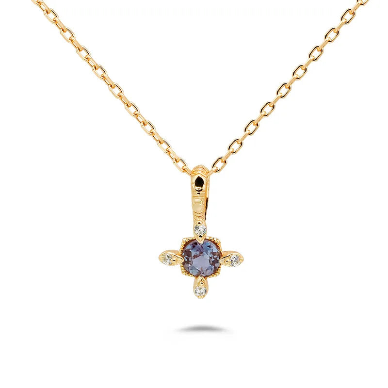 Emotional Factory 925 Sterling Silver 14K Gold Plated Gemstone Cross Round  Alexandrite Color Zircon Pendant Necklace