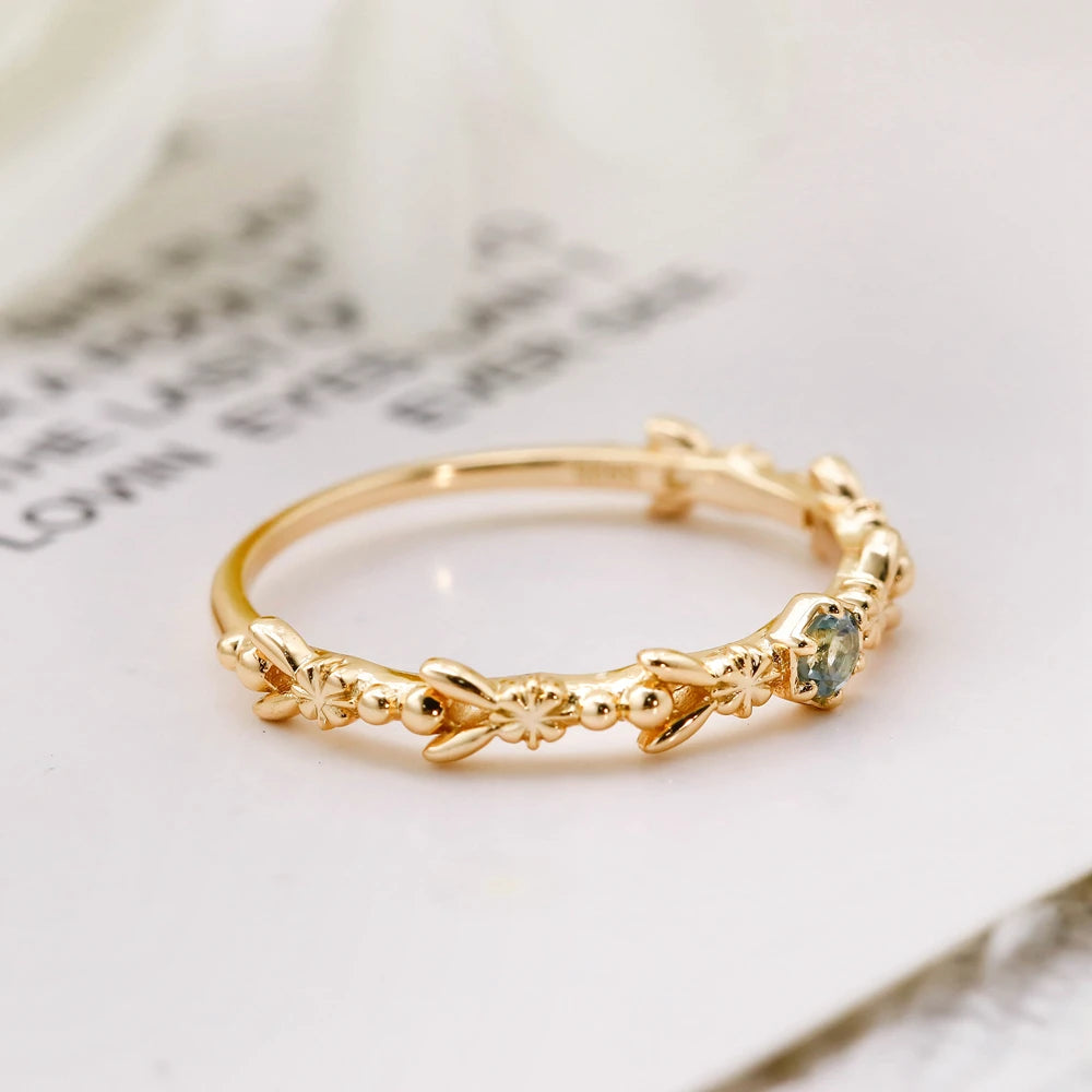 925 Sterling Silver 14K Gold Plated Gemstone Vintage Leaf Insect Elemental Aquamarine Ring