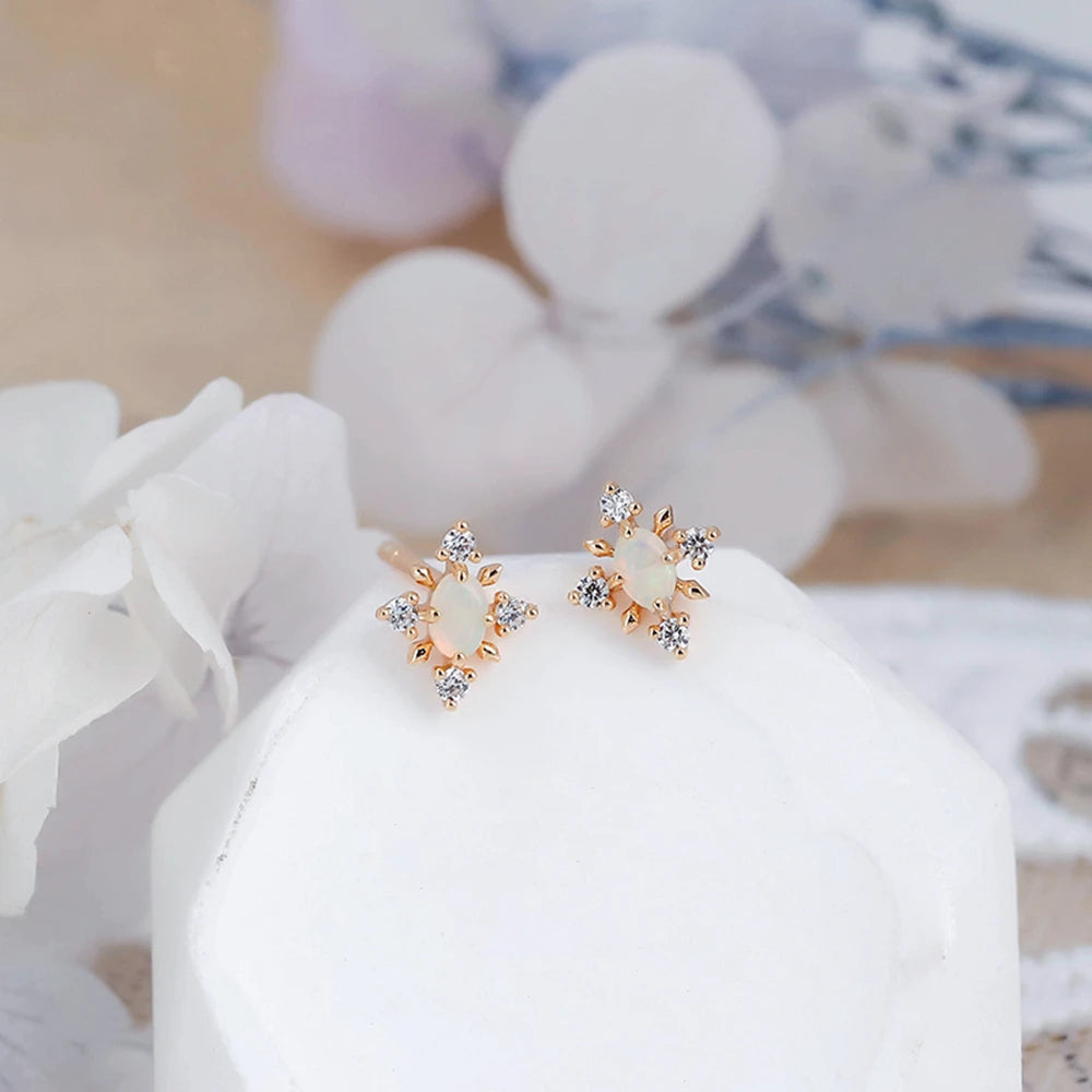 925 Sterling Silver 14K Gold Plated Gemstone Zircon Natural Simple Design Snowflake Australian Opal Earrings