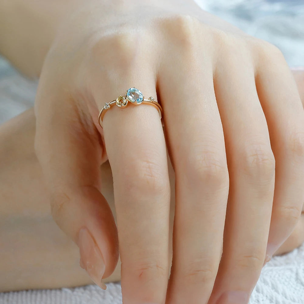Emotional Factory 925 Sterling Silver 14K Gold Plated Gem Stone Gemstone Irregular Citrine Sky Blue Topaz Ring