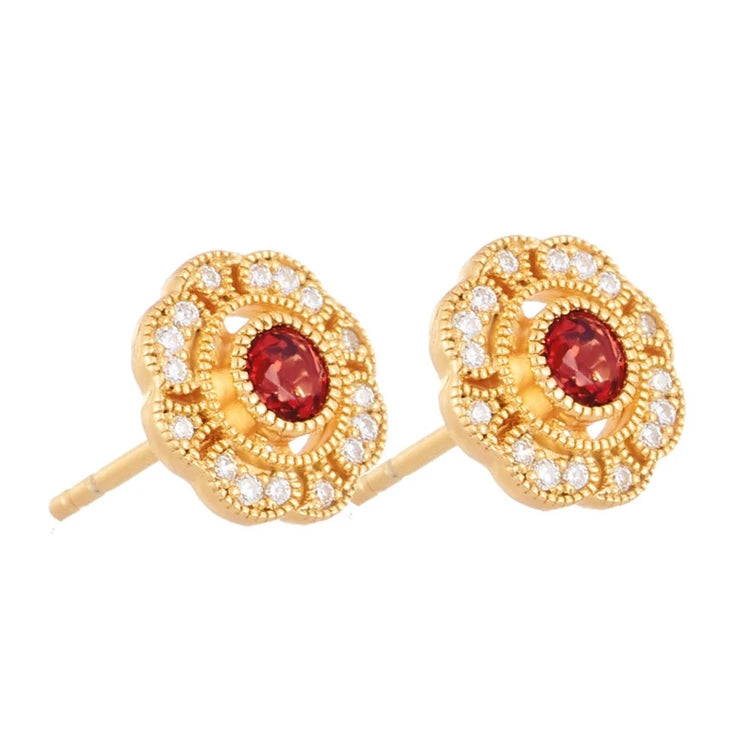 Emotional Factory 925 Sterling Silver 14K Gold Plated Gemstone Full Zircon Garnet Flower Round Stud Earrings