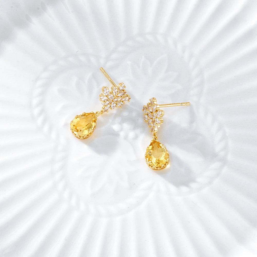 Emotional Factory Jewelry 925 Sterling Silver 14K Gold Plated Gemstone Series Snowflake Flower Natural Citrine Earrings