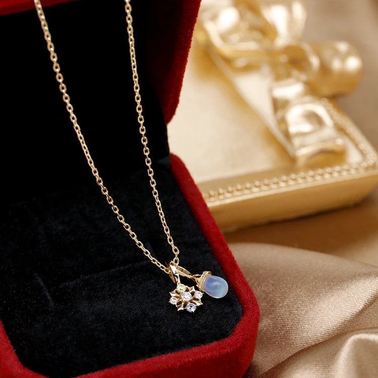 Gemstone White Flow Glass Green Light Champagne Zircon Blue Spinel 8 Pointed Star Pearl Double Pendant Necklace