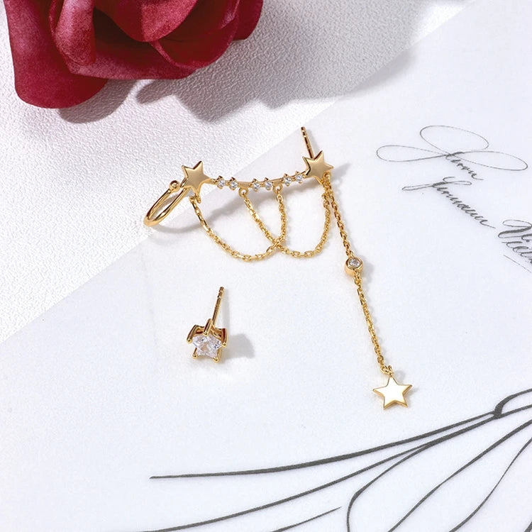 Emotional Factory 925 Sterling Silver 14K Gold Plated Gemstone Irregular Bezel Chain Tassel Star Earrings