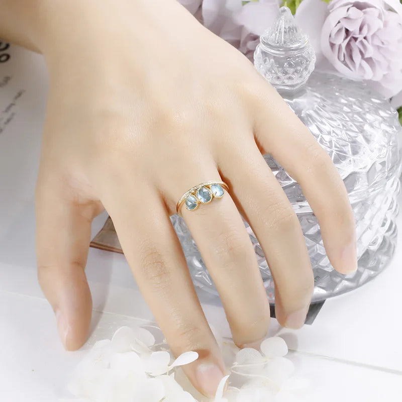 Emotional Factory 925 Sterling Silver 14K Gold Plated Gemstone Vintage Blue Rose Cut Grass 3 Stone Ring
