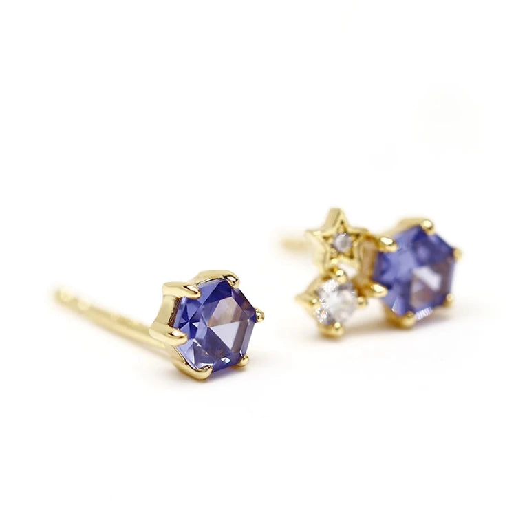 925 Sterling Silver 14K Gold Plated Gemstone Raw Hand Set Blue Topaz Natural Moonstone Tanzanite Zircon Star Stud Earrings