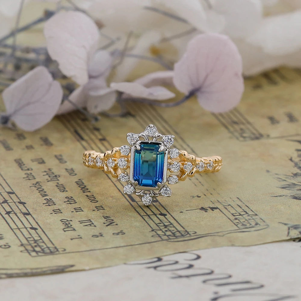 925 Sterling Silver 14K Gold Plated Gem Stone Gemstone Geometrical Dreams Galactic Star Fantasy Blue-Green Quartz Stone Ring